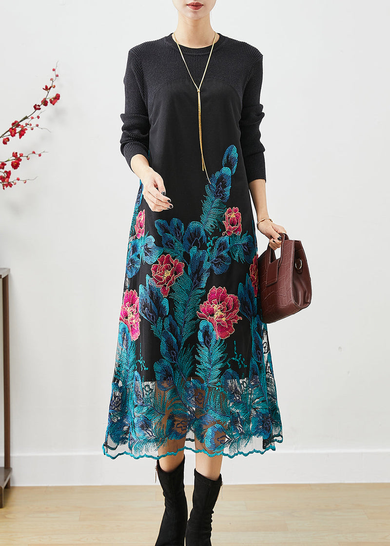 Art Blue Embroideried Knit Long Dress Fall