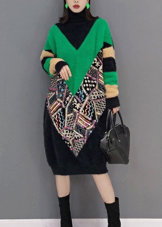 Classy Black Turtle Neck Print Thick Mink Velvet Dresses Spring