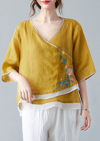 French Yellow V Neck Asymmetrical Design Shirt Spring