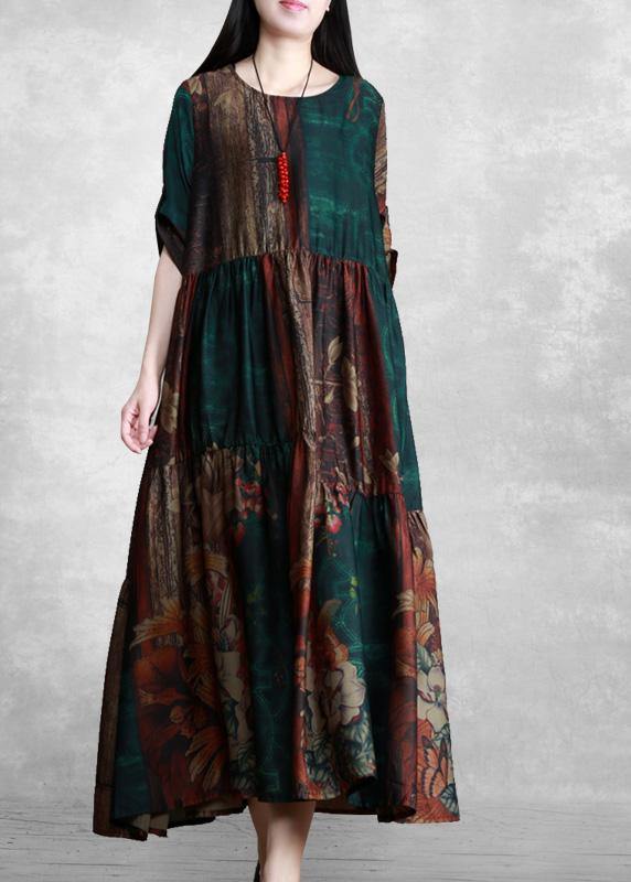 Luxy Green Print Silk Summer Dresses Loose Caftan