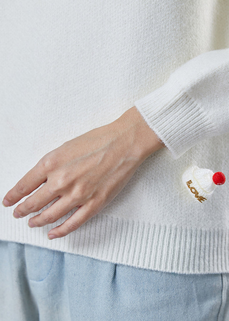 Modern White Fuzzy Ball Decorated Thick Knit Sweaters Winter