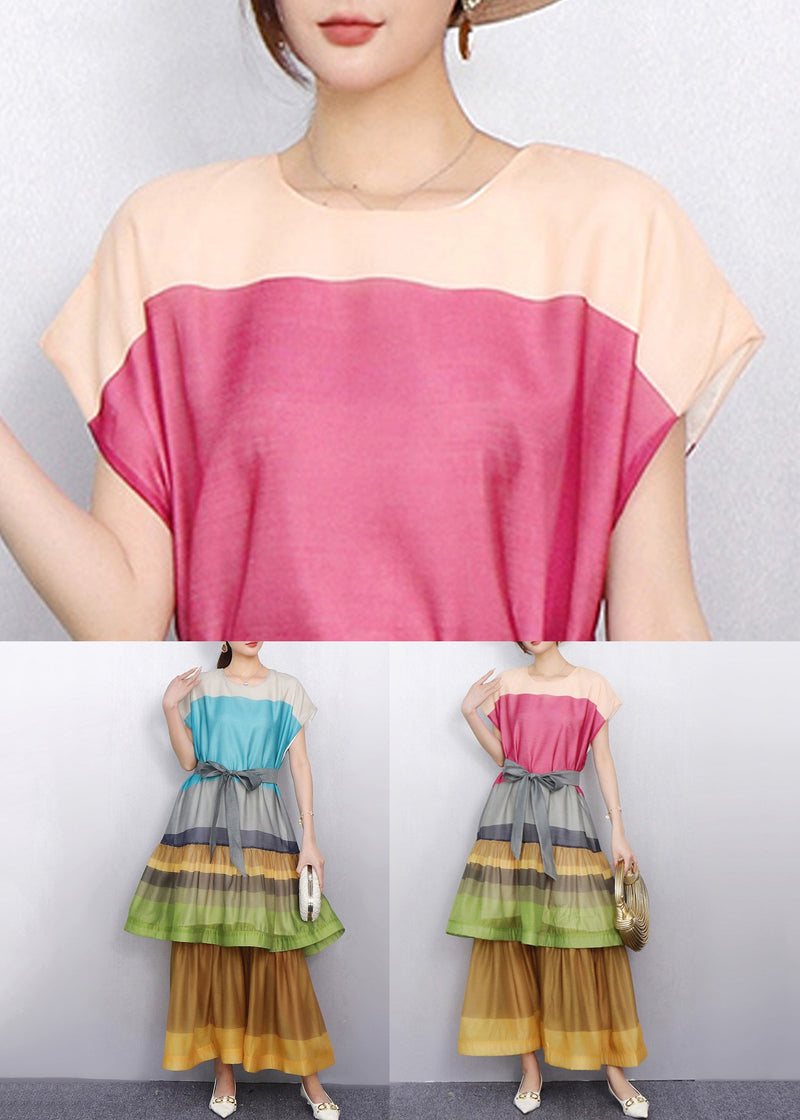 Pink Tie Waist Patchwork Bold Color Cotton Long Dresses O-neck Summer