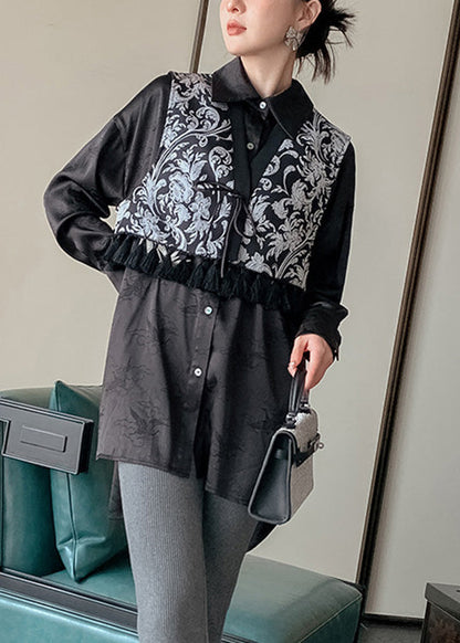 Black V Neck Print Tie Waist Waistcoat Spring