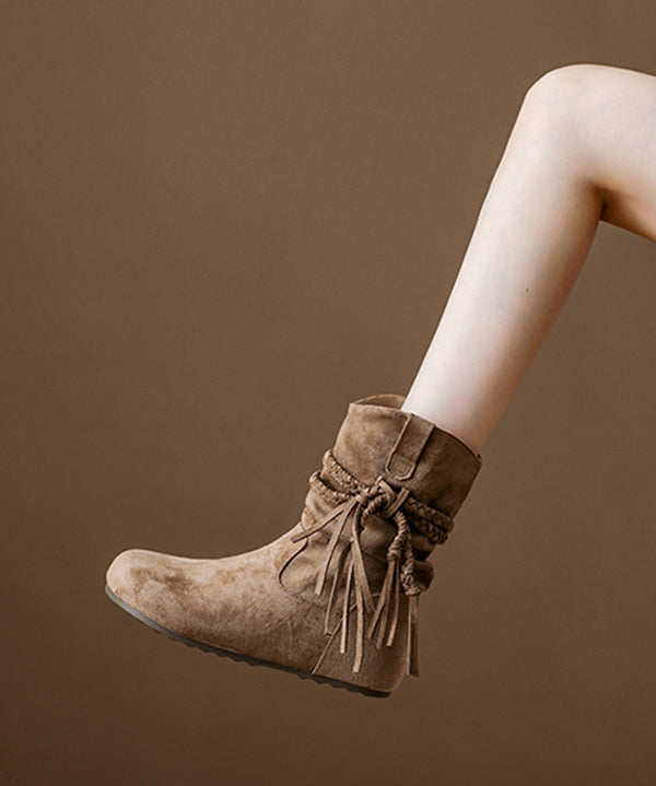 Khaki Tassel Wrinkled Splicing Suede Boots