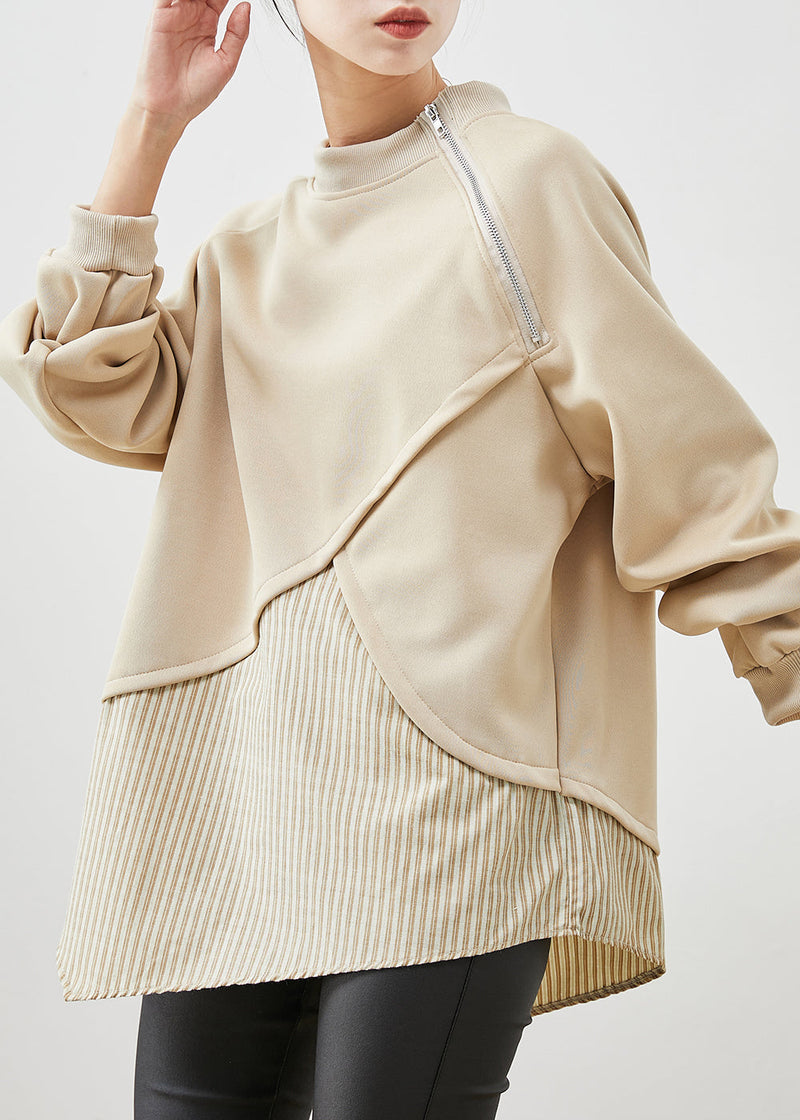 Khaki Asymmetrical Patchwork Cotton Sweatshirts Top Spring