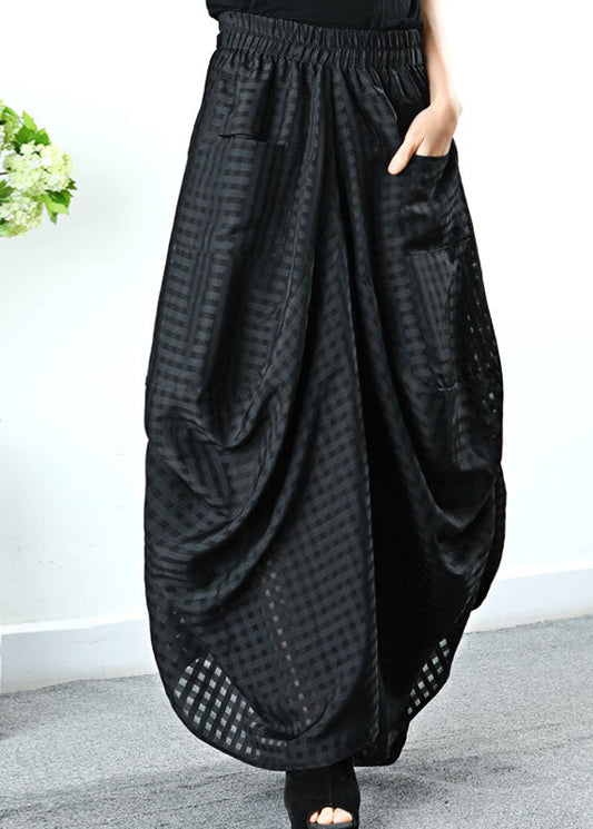 Simple Black Pockets Plaid Wide Half Skirt Spring