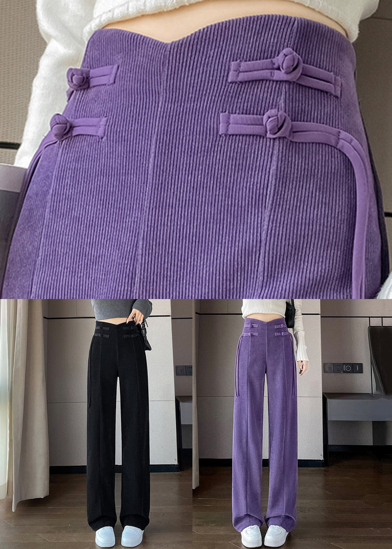 Purple Button Corduroy Pants Elastic Waist Spring
