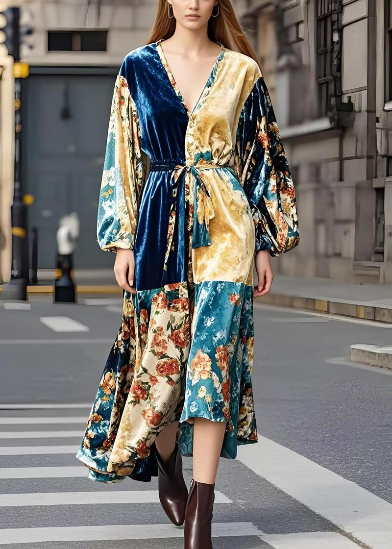 French Colorblock Tie Waist Patchwork Silk Velour Vacation Dresses Spring