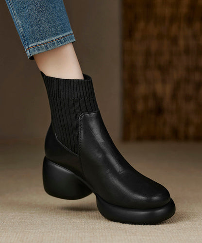 Black Elastic Fabric Splicing Cowhide Leather Chunky Boots