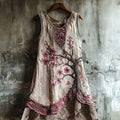 Women's Cherry Blossom Embroidery Lace Patchwork Art Linen Tank Dress artswardrobe