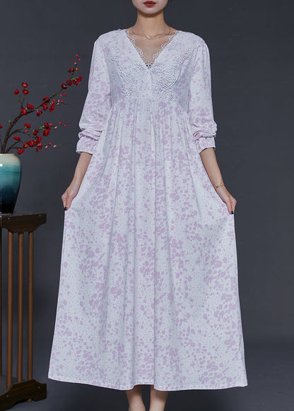 Light Purple V Neck Print Cotton Ankle Dress Spring