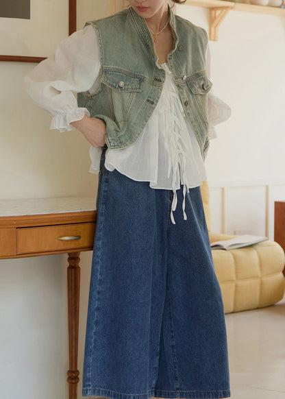 White Ruffled Patchwork Linen Shirts Lantern Sleeve Fall