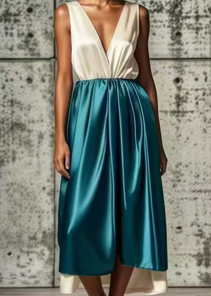 Style White Deep-v Neck Patchwork Silk Maxi Dresses Summer
