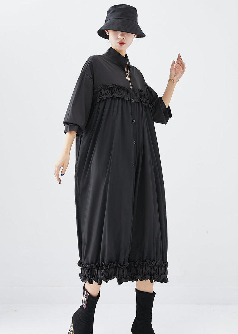 Diy Black Stand Collar Ruffled Cotton Vacation Dresses Fall