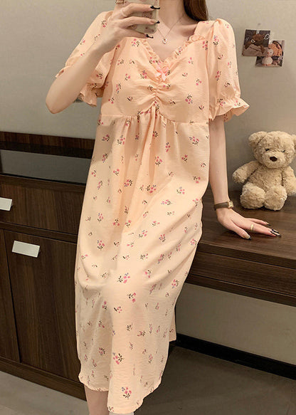 Pink V Neck Wrinkled Print Cotton Pajamas Long Dress Summer
