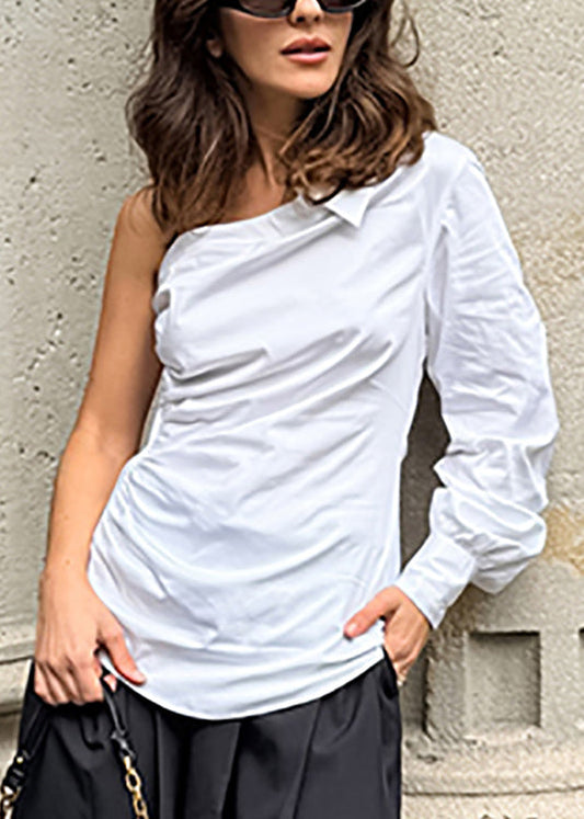 Original Design White One-shoulder Cotton Shirt Fall