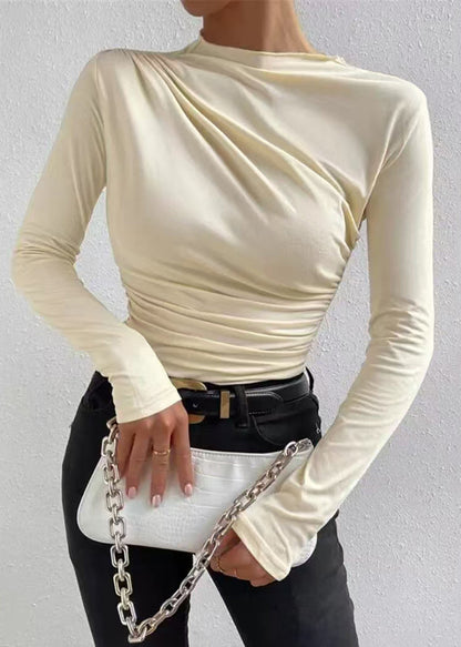 Slim Fit Beige Wrinkled Cotton T Shirts Spring