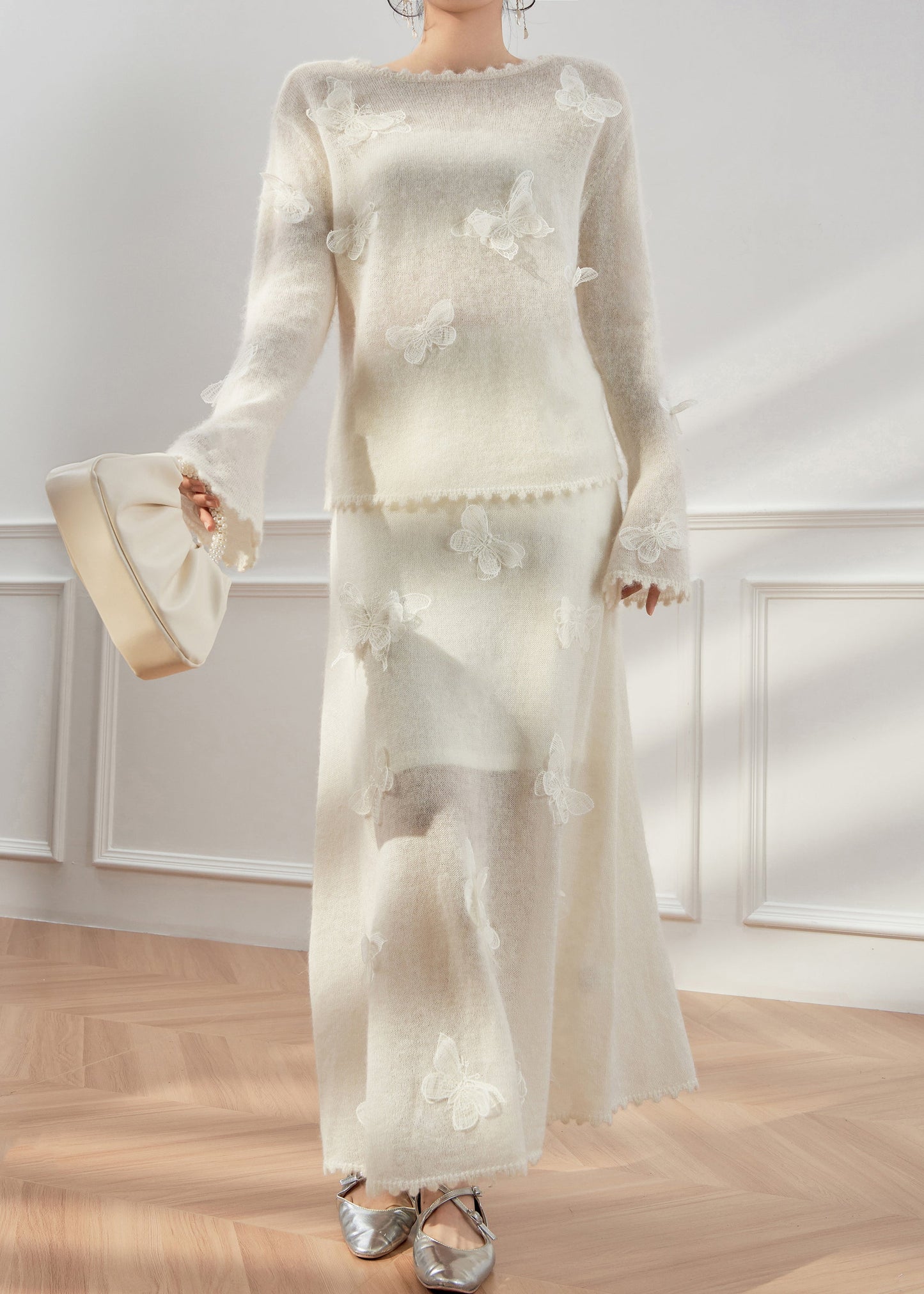 Slim Fit White Butterfly Sweaters and Skirts Knit Two Pieces Set Fall