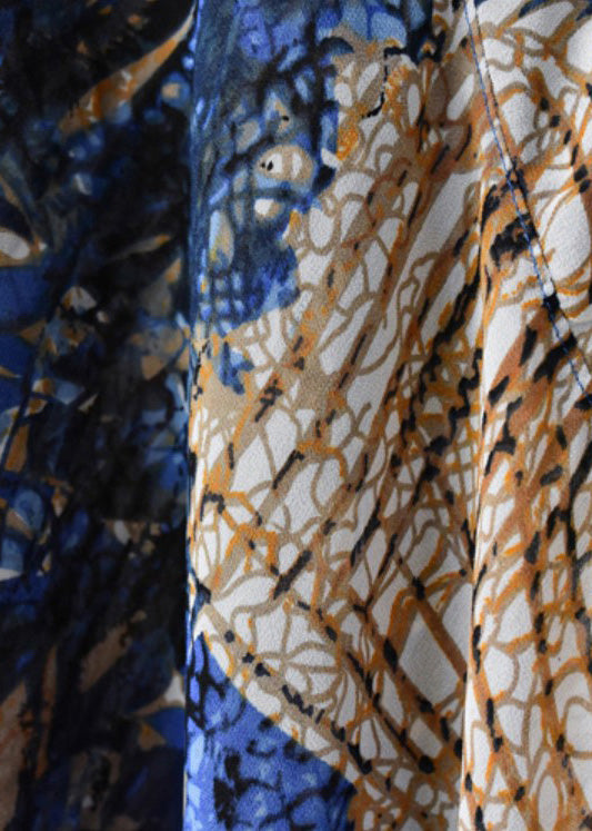Blue Asymmetrical Print Chiffon Top and Linen Spaghetti Strap Dress Two Pieces Set Summer