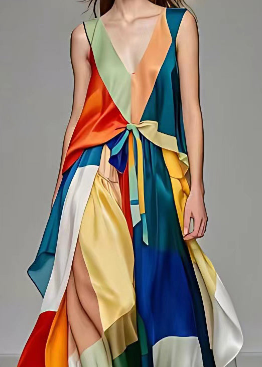 V Neck Lace Up Patchwork Silk Long Dresses Sleeveless (ships in 24hrs)