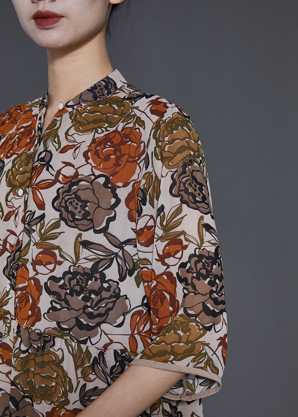 Apricot Stand Collar Print Chiffon Shirt Top Summer