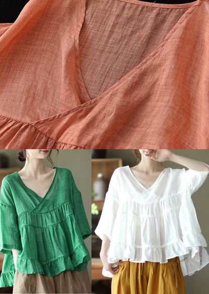Orange Loose Linen Shirt Tops Half Sleeve