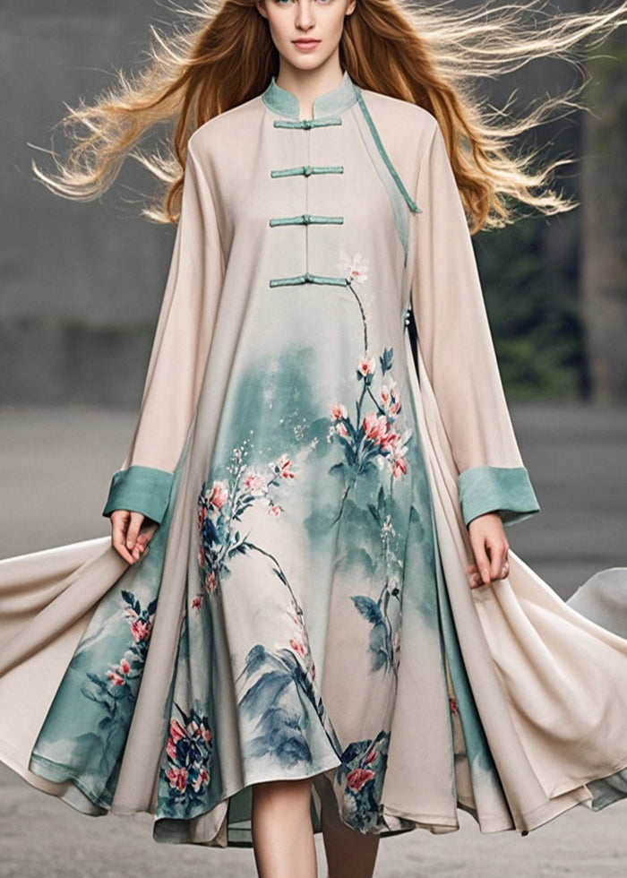 Apricot Print Chinese Button Chiffon Dress Fall