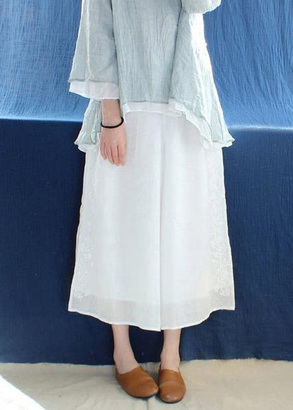 French White Embroidery Pants Summer Elastic Waist Work Pant