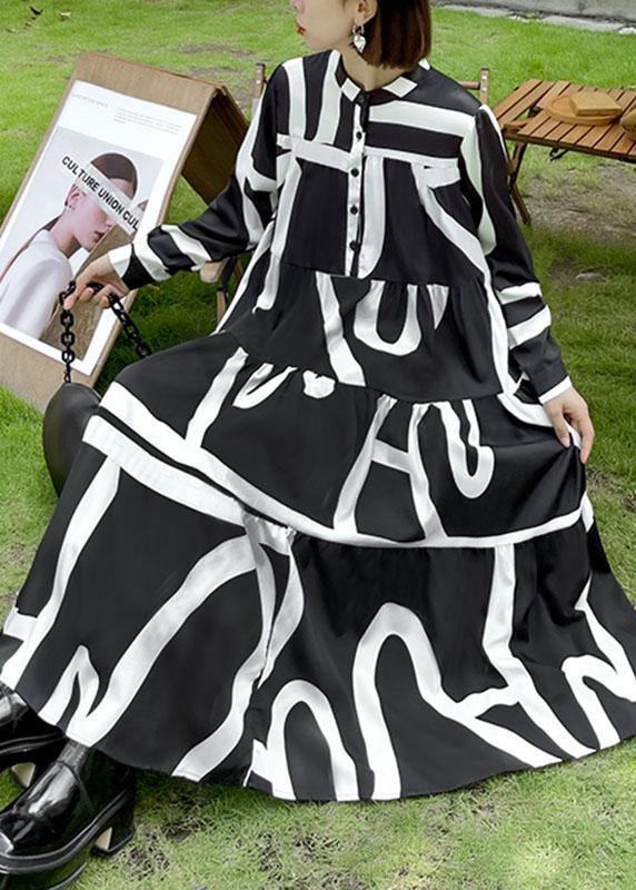 Italian Black Patchwork Button Print Fall Long Sleeve Party Dress