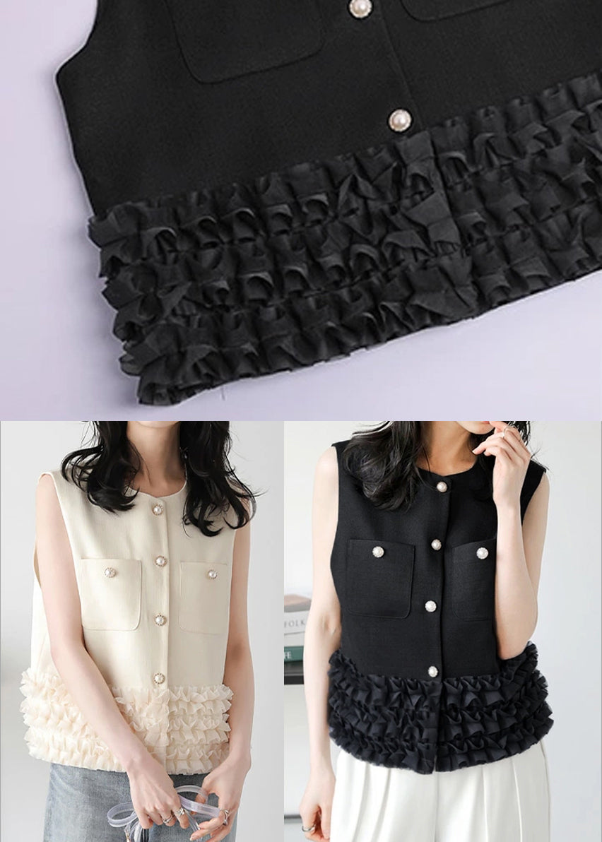 Modern Beige Ruffled Patchwork Cotton Vest Top Sleeveless
