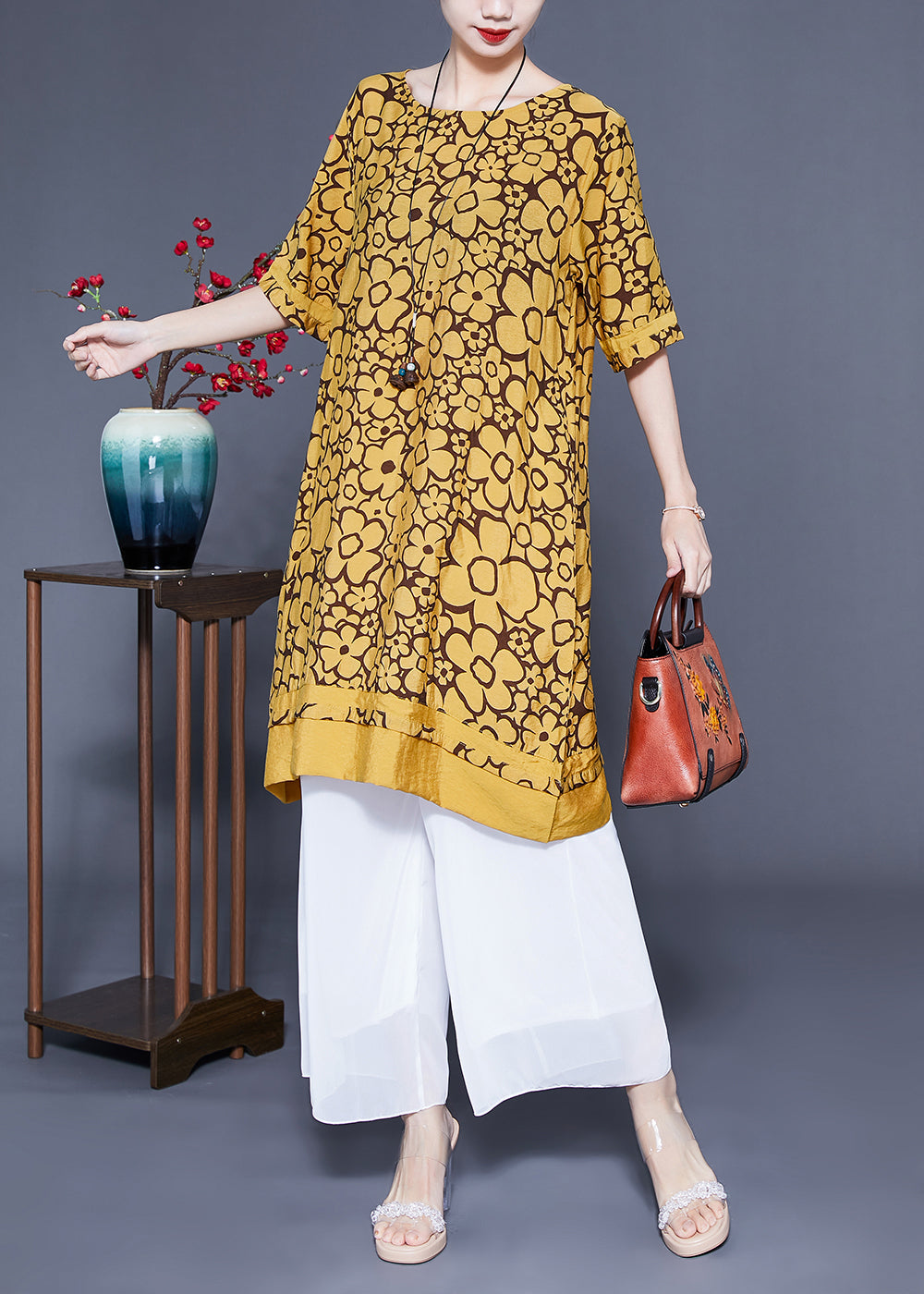 Yellow O-neck Print Silk Maxi Dress Summer