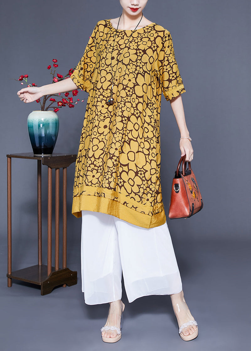 Yellow O-neck Print Silk Maxi Dress Summer