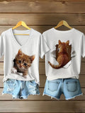 Comstylish Women's Animal Print Cat Short Sleeve V Neck T-shirt