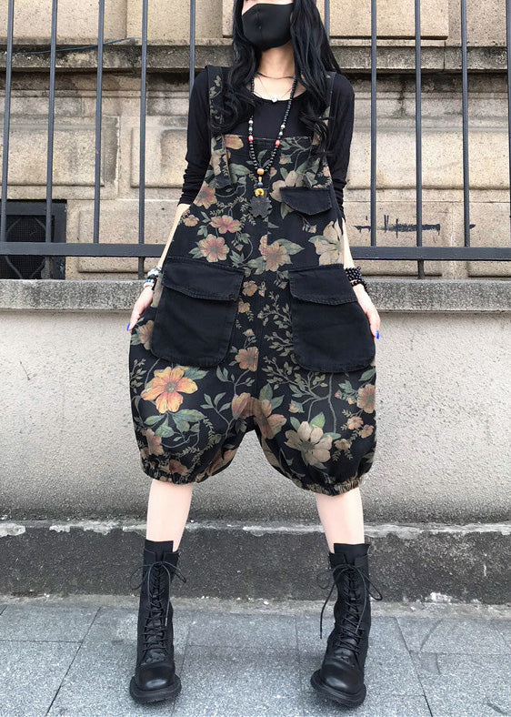 Slash Neck Print Patchwork Button Denim Jumpsuit Spring