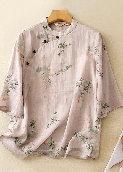 Versatile Pink Stand Collar Print Cotton Shirts Summer