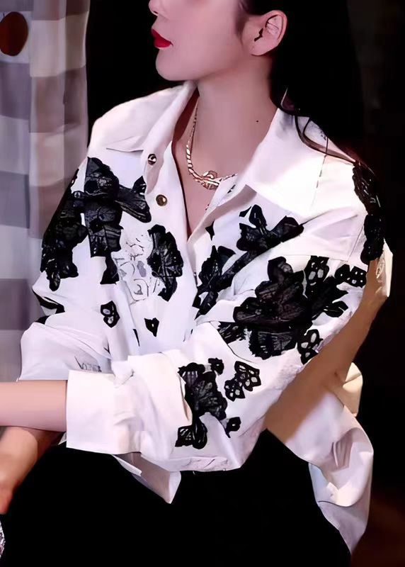 White Peter Pan Collar Hollow Out Cotton Tops Fall