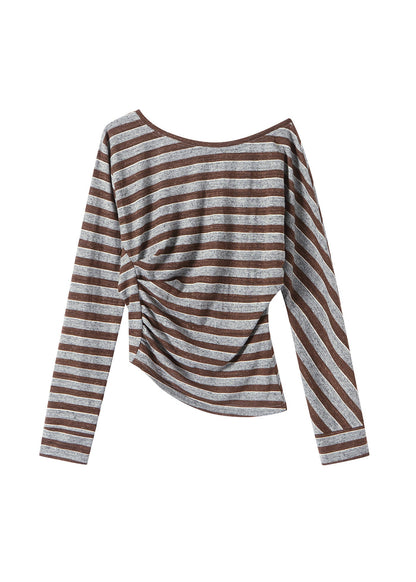 Brown Striped Slash Neck Cotton T Shirt Tops Spring