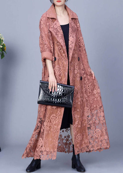 Orange Button Pockets Long Trench Coat Embroidered Fall