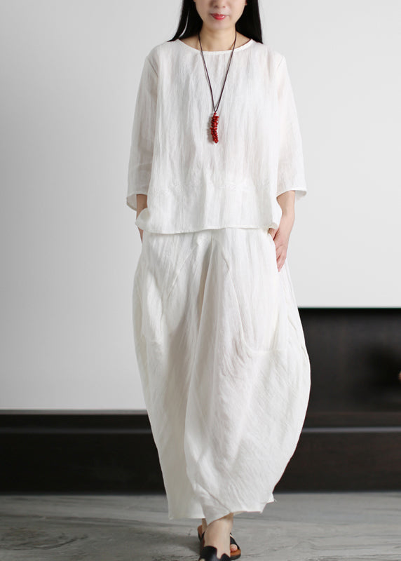 White O-neck Linen Tops and Harm Pants Two Pieces Set Three Quarter Sleeve
