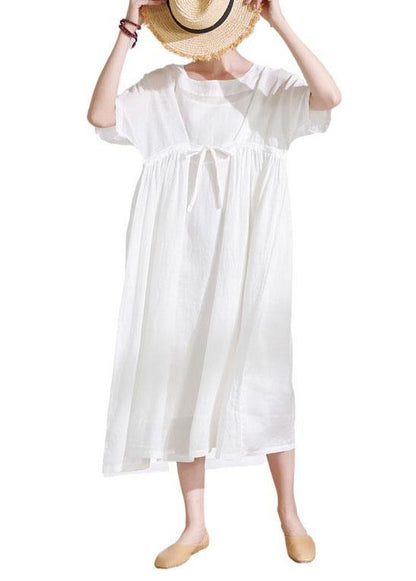 Comfy White Tie Waist Patchwork Summer Ramie Vacation Dresses Half Sleeve