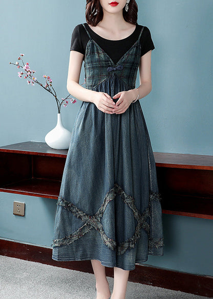Blue Cinched V Neck Patchwork Spaghetti Strap Cotton Denim Dresses Spring