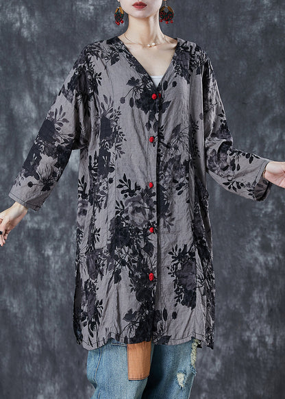 Diy Grey Oversized Print Cotton Long Shirt Summer