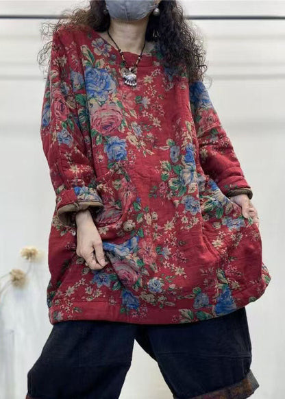 Red O Neck Print Fine Cotton Filled Top Winter