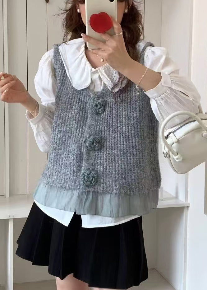 Unique Grey Decorated Patchwork Knit Vests Spring