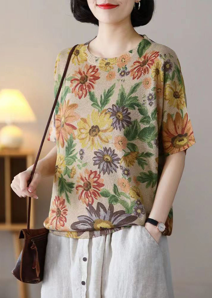 Floret Print Patchwork Cotton Knit T Shirts O-neck Summer