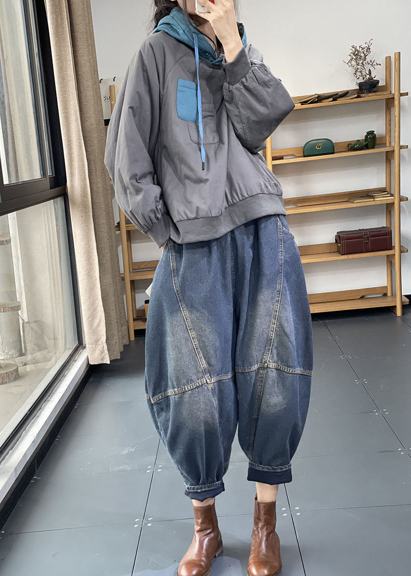 Denim Blue Elastic Waist Oversized Patchwork Cotton Harem Pants Fall