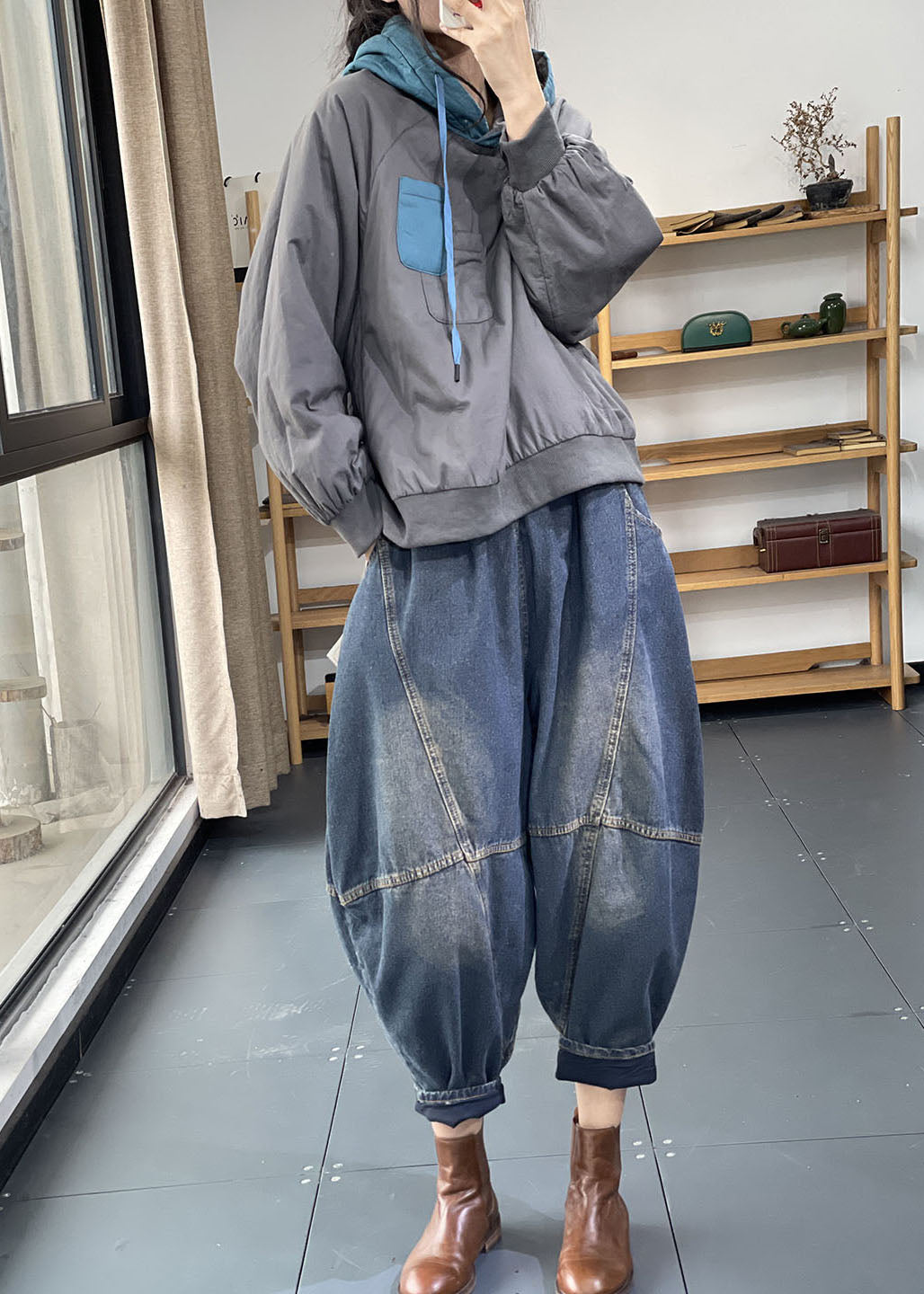 Denim Blue Elastic Waist Oversized Patchwork Cotton Harem Pants Fall