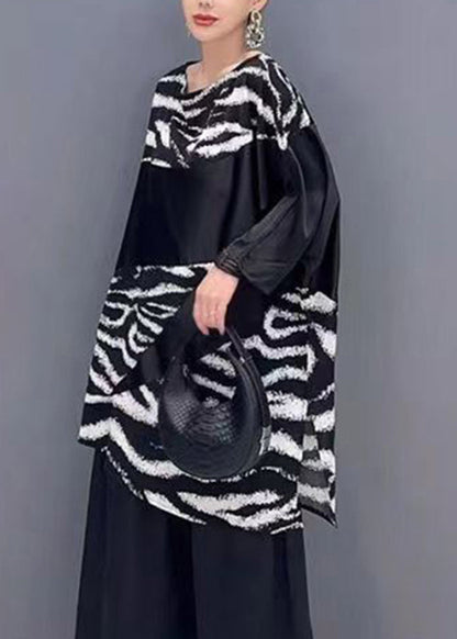 Black White Striped O-neck Patchwork Silk Shirt Summer