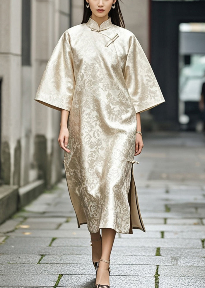 Boutique Champagne Print Silk Oriental Dress Cheongsam Spring