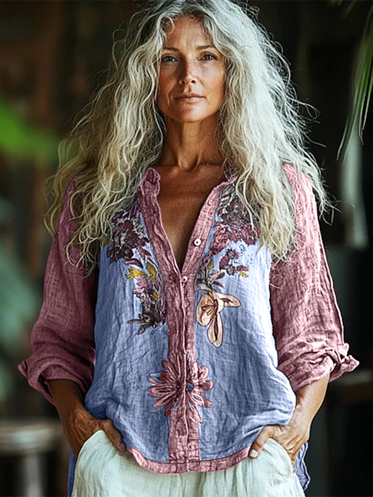 Bohemian Style Linen Floral Art Print  Long Sleeve Shirt artswardrobe